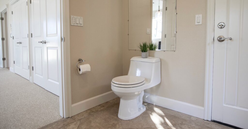 Contemporary bathroom design featuring a white toilet, mirror, and decor.